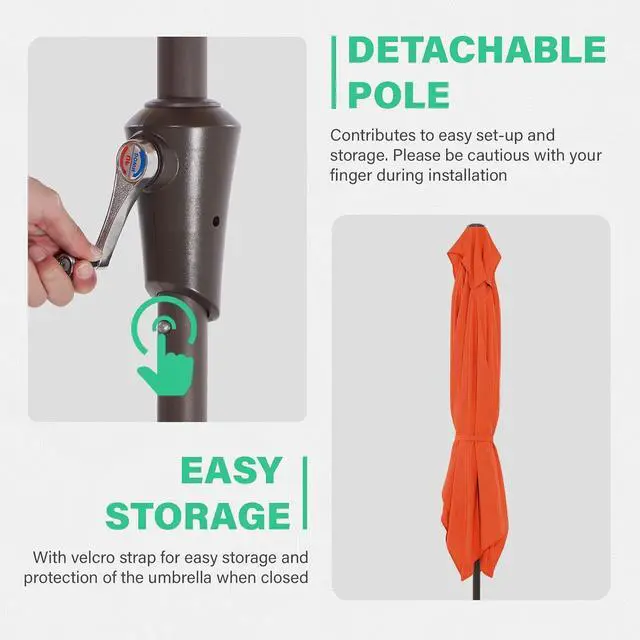 Alt view image 3 of 7 - JEAREY 6.5x10 ft Rectangular Patio Umbrellas Rectangle Outdoor Umbrella with Push Button Tilt and Crank, Market Table Umbrella 6 Sturdy Ribs UV Protection for Poolside Garden Backyard Deck, Orange