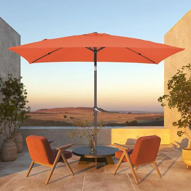 Alt view image 4 of 7 - JEAREY 6.5x10 ft Rectangular Patio Umbrellas Rectangle Outdoor Umbrella with Push Button Tilt and Crank, Market Table Umbrella 6 Sturdy Ribs UV Protection for Poolside Garden Backyard Deck, Orange