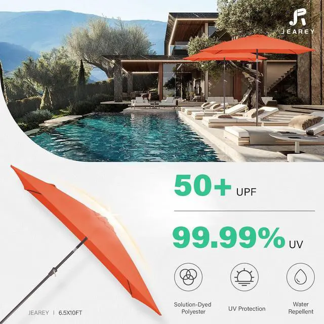 Alt view image 5 of 7 - JEAREY 6.5x10 ft Rectangular Patio Umbrellas Rectangle Outdoor Umbrella with Push Button Tilt and Crank, Market Table Umbrella 6 Sturdy Ribs UV Protection for Poolside Garden Backyard Deck, Orange