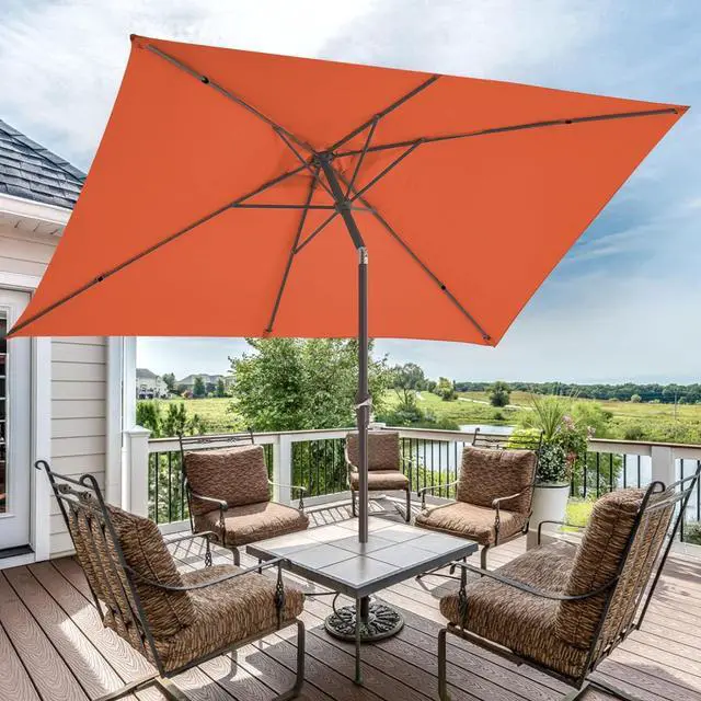 Alt view image 6 of 7 - JEAREY 6.5x10 ft Rectangular Patio Umbrellas Rectangle Outdoor Umbrella with Push Button Tilt and Crank, Market Table Umbrella 6 Sturdy Ribs UV Protection for Poolside Garden Backyard Deck, Orange