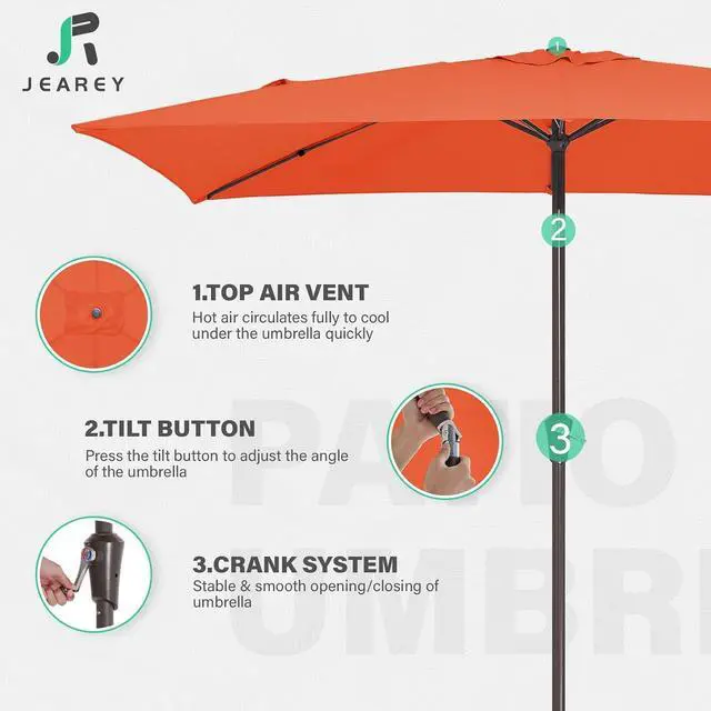 Alt view image 7 of 7 - JEAREY 6.5x10 ft Rectangular Patio Umbrellas Rectangle Outdoor Umbrella with Push Button Tilt and Crank, Market Table Umbrella 6 Sturdy Ribs UV Protection for Poolside Garden Backyard Deck, Orange