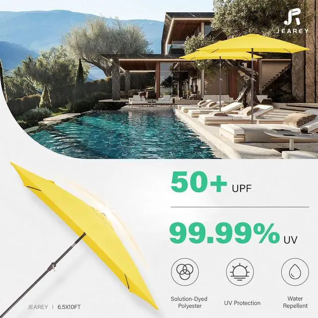 Alt view image 5 of 7 - JEAREY 6.5x10 ft Rectangular Patio Umbrellas Outdoor Market Umbrella with Push Button Tilt and Crank, Rectangle Table Umbrella 6 Sturdy Ribs UV Protection for Pool Garden Backyard Deck, Yellow