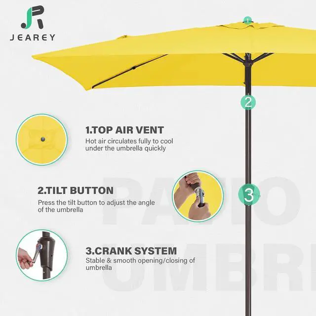 Alt view image 7 of 7 - JEAREY 6.5x10 ft Rectangular Patio Umbrellas Outdoor Market Umbrella with Push Button Tilt and Crank, Rectangle Table Umbrella 6 Sturdy Ribs UV Protection for Pool Garden Backyard Deck, Yellow