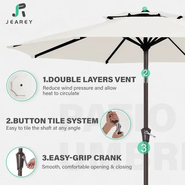 Alt view image 3 of 7 - JEAREY 9' 2-Tiers Patio Umbrellas Outdoor Table Market Umbrella w/Push Button Tilt/Crank, 8 Sturdy Ribs, UV Protection Waterproof Sunproof(Cream White)