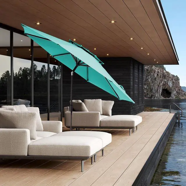 Alt view image 7 of 7 - JEAREY 9' 2-Tiers Patio Umbrellas Outdoor Table Market Umbrella w/Push Button Tilt/Crank, 8 Sturdy Ribs, UV Protection Waterproof Sunproof(Teal)