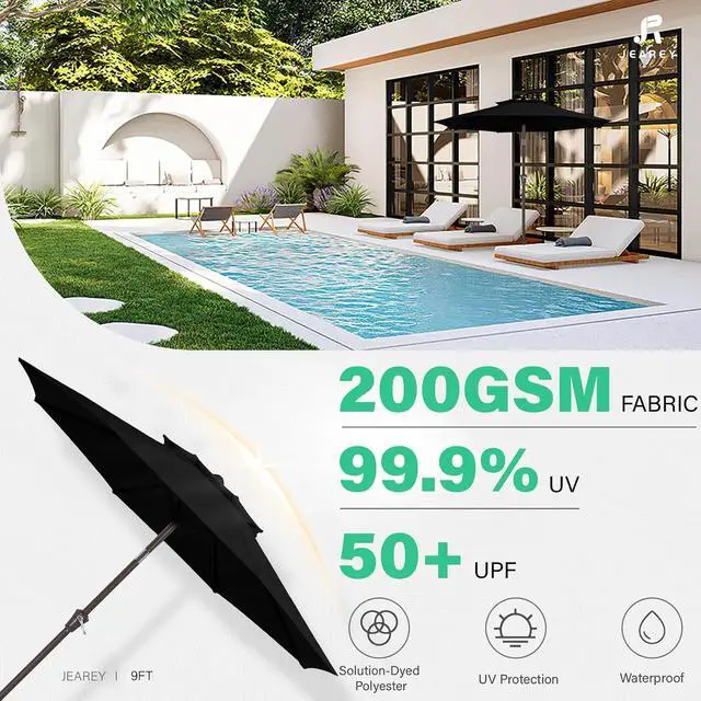Alt view image 2 of 7 - JEAREY 9' 2-Tiers Patio Umbrellas Outdoor Table Market Umbrella w/Push Button Tilt/Crank, 8 Sturdy Ribs, UV Protection Waterproof Sunproof(Black)