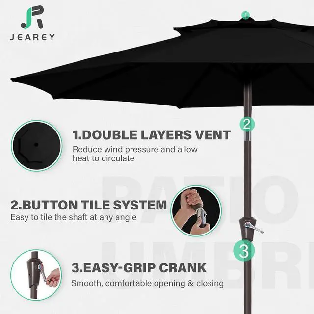 Alt view image 3 of 7 - JEAREY 9' 2-Tiers Patio Umbrellas Outdoor Table Market Umbrella w/Push Button Tilt/Crank, 8 Sturdy Ribs, UV Protection Waterproof Sunproof(Black)