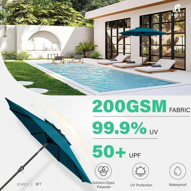 Alt view image 2 of 7 - JEAREY 9' 2-Tiers Patio Umbrellas Outdoor Table Market Umbrella w/Push Button Tilt/Crank, 8 Sturdy Ribs, UV Protection Waterproof Sunproof(Cerulean)