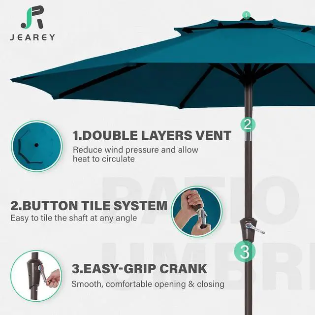 Alt view image 3 of 7 - JEAREY 9' 2-Tiers Patio Umbrellas Outdoor Table Market Umbrella w/Push Button Tilt/Crank, 8 Sturdy Ribs, UV Protection Waterproof Sunproof(Cerulean)