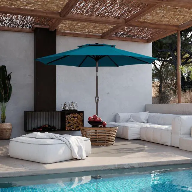 Alt view image 6 of 7 - JEAREY 9' 2-Tiers Patio Umbrellas Outdoor Table Market Umbrella w/Push Button Tilt/Crank, 8 Sturdy Ribs, UV Protection Waterproof Sunproof(Cerulean)