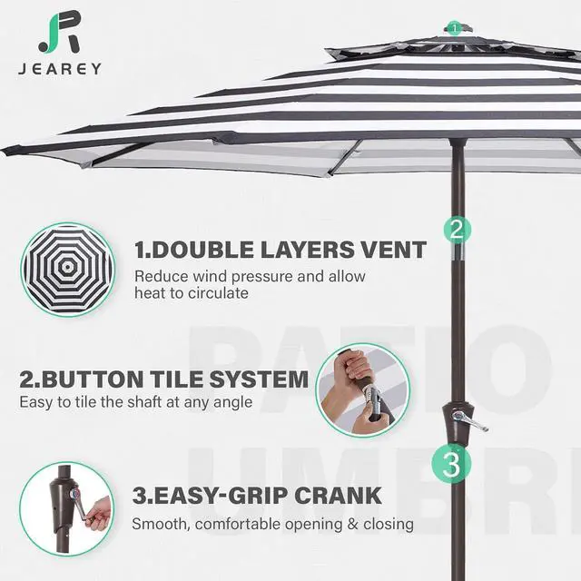 Alt view image 3 of 7 - JEAREY 9' 2-Tiers Patio Umbrellas Outdoor Table Market Umbrella w/Push Button Tilt/Crank, 8 Sturdy Ribs, UV Protection Waterproof Sunproof(Black Striped)