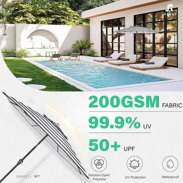 Alt view image 2 of 7 - JEAREY 9' 2-Tiers Patio Umbrellas Outdoor Table Market Umbrella w/Push Button Tilt/Crank, 8 Sturdy Ribs, UV Protection Waterproof Sunproof(Black Striped)