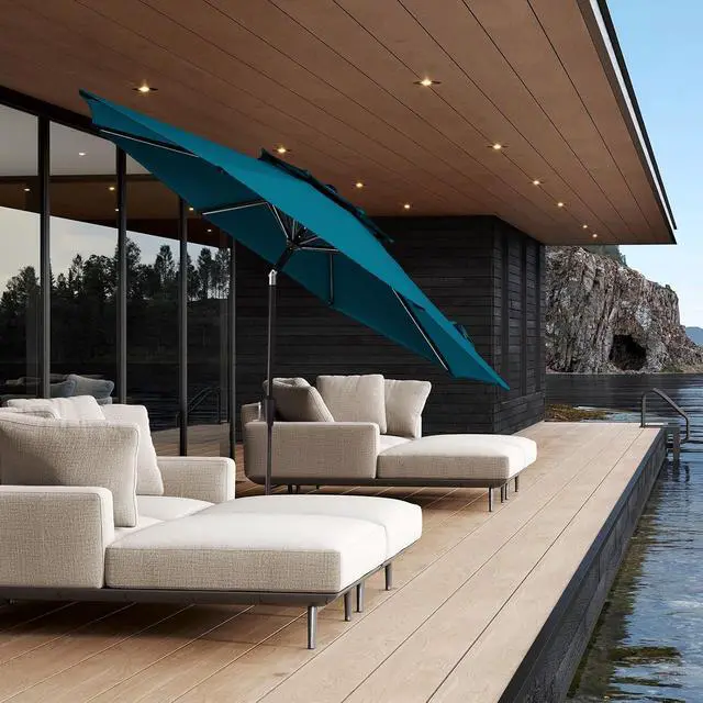 Alt view image 7 of 7 - JEAREY 9' 2-Tiers Patio Umbrellas Outdoor Table Market Umbrella w/Push Button Tilt/Crank, 8 Sturdy Ribs, UV Protection Waterproof Sunproof(Cerulean)