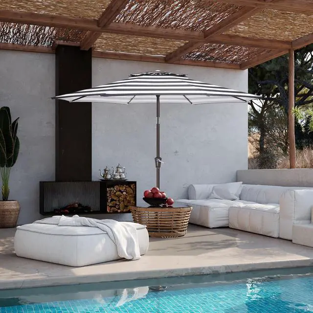 Alt view image 6 of 7 - JEAREY 9' 2-Tiers Patio Umbrellas Outdoor Table Market Umbrella w/Push Button Tilt/Crank, 8 Sturdy Ribs, UV Protection Waterproof Sunproof(Black Striped)
