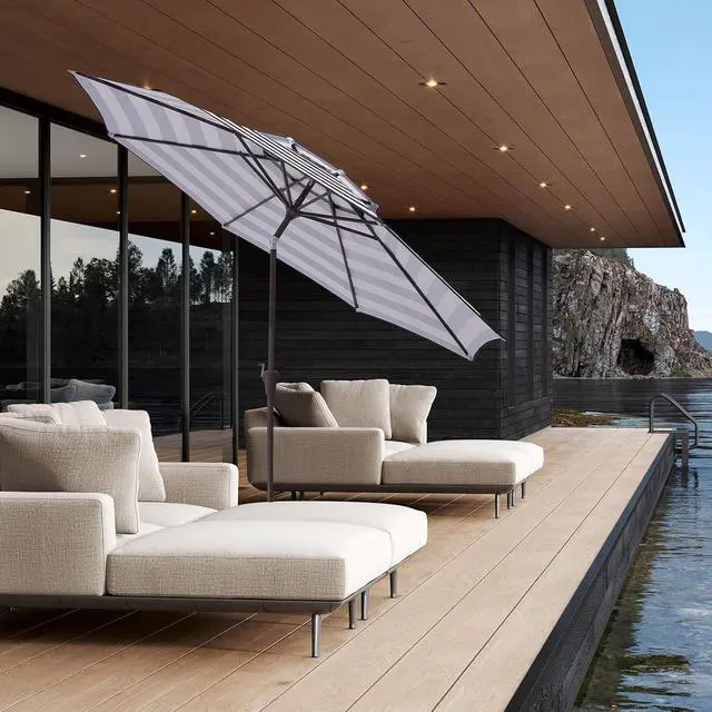 Alt view image 7 of 7 - JEAREY 9' 2-Tiers Patio Umbrellas Outdoor Table Market Umbrella w/Push Button Tilt/Crank, 8 Sturdy Ribs, UV Protection Waterproof Sunproof(Black Striped)