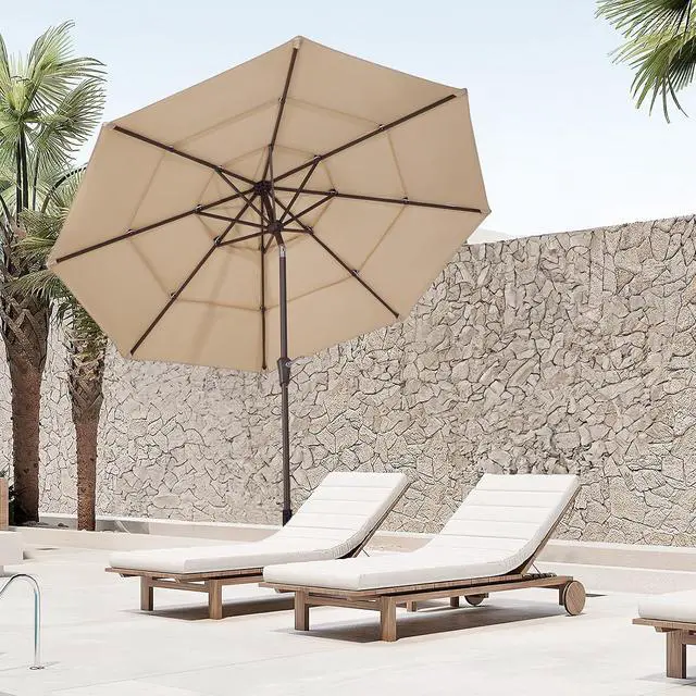 Alt view image 6 of 7 - JEAREY 9FT 3 Tier Patio Umbrella Outdoor Market Umbrella Table Umbrellas with 8 Ribs 1.5 Pole Push Button Tilt and Crank UV Protection for Garden,Beige