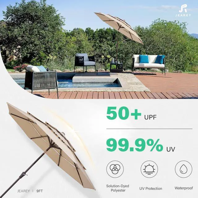 Alt view image 7 of 7 - JEAREY 9FT 3 Tier Patio Umbrella Outdoor Market Umbrella Table Umbrellas with 8 Ribs 1.5 Pole Push Button Tilt and Crank UV Protection for Garden,Beige