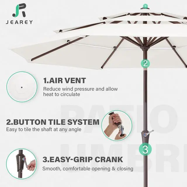 Alt view image 3 of 7 - JEAREY 9FT 3 Tier Patio Umbrella Outdoor Market Umbrella Table Umbrellas with 8 Ribs 1.5 Pole Push Button Tilt and Crank UV Protection for Garden,Off-white