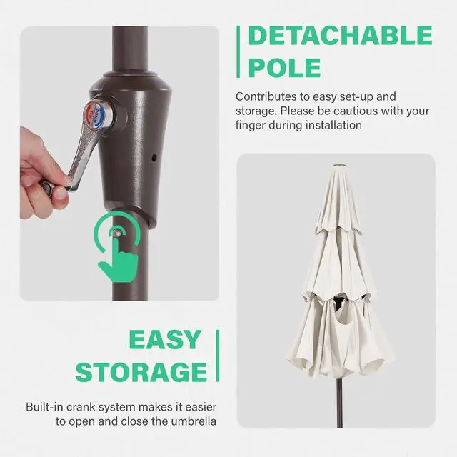 Alt view image 5 of 7 - JEAREY 9FT 3 Tier Patio Umbrella Outdoor Market Umbrella Table Umbrellas with 8 Ribs 1.5 Pole Push Button Tilt and Crank UV Protection for Garden,Off-white