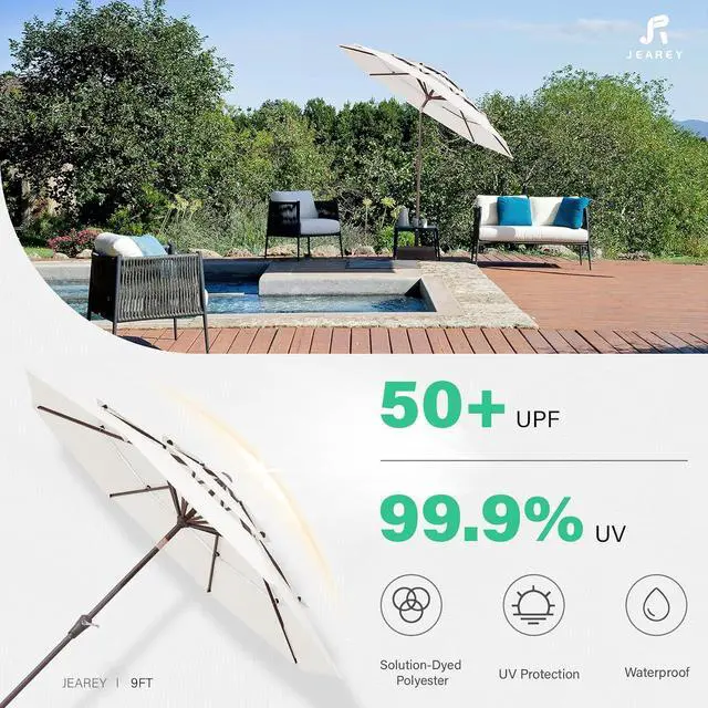 Alt view image 6 of 7 - JEAREY 9FT 3 Tier Patio Umbrella Outdoor Market Umbrella Table Umbrellas with 8 Ribs 1.5 Pole Push Button Tilt and Crank UV Protection for Garden,Off-white