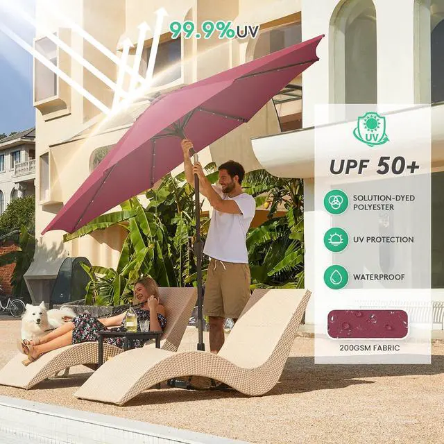 Alt view image 5 of 7 - JEAREY 9FT Outdoor Patio Umbrella with Solar Lights, LED Lighted Pool Umbrella with Tilt and Crank, Outdoor Table Umbrellas for Deck, Yard & Market (Burgandy)