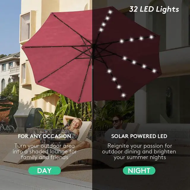 Alt view image 6 of 7 - JEAREY 9FT Outdoor Patio Umbrella with Solar Lights, LED Lighted Pool Umbrella with Tilt and Crank, Outdoor Table Umbrellas for Deck, Yard & Market (Burgandy)