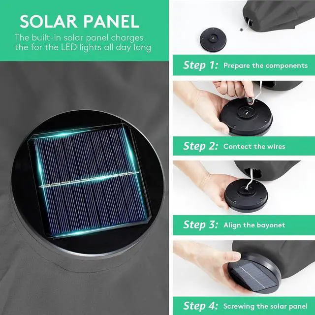 Alt view image 3 of 7 - JEAREY 9' Patio Umbrella with Solar Lights, LED Umbrella, Dark Gray | Outdoor Table Market Umbrellas with 8 Sturdy, Tilt & Crank UV Protection Waterproof for Garden, Deck, Backyard, Pool