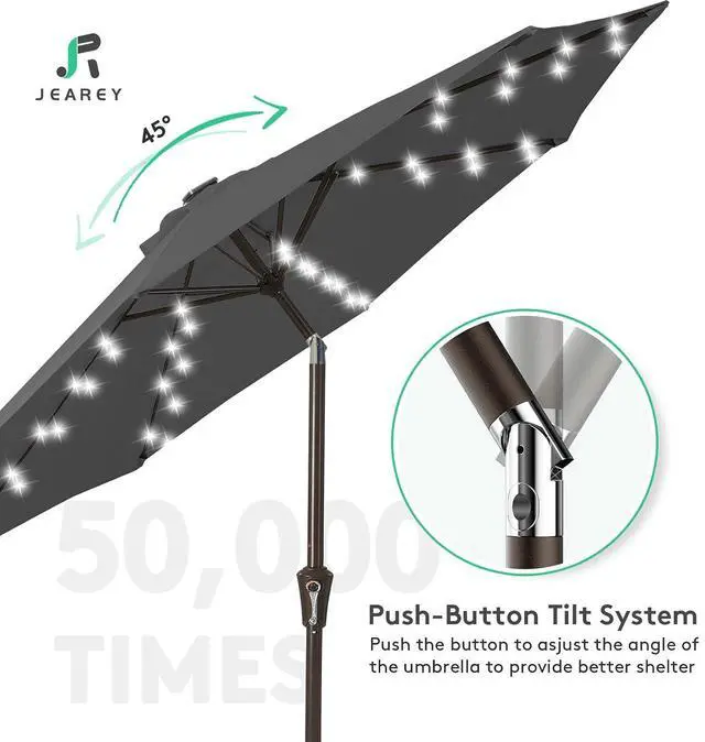 Alt view image 4 of 7 - JEAREY 9' Patio Umbrella with Solar Lights, LED Umbrella, Dark Gray | Outdoor Table Market Umbrellas with 8 Sturdy, Tilt & Crank UV Protection Waterproof for Garden, Deck, Backyard, Pool