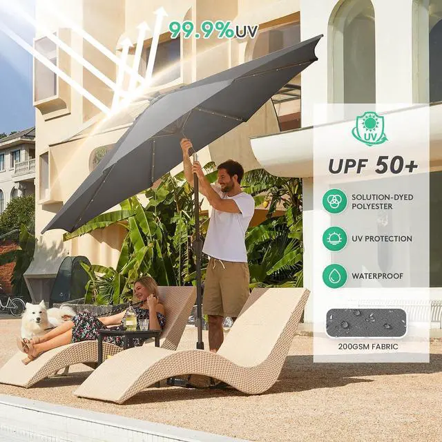 Alt view image 5 of 7 - JEAREY 9' Patio Umbrella with Solar Lights, LED Umbrella, Dark Gray | Outdoor Table Market Umbrellas with 8 Sturdy, Tilt & Crank UV Protection Waterproof for Garden, Deck, Backyard, Pool