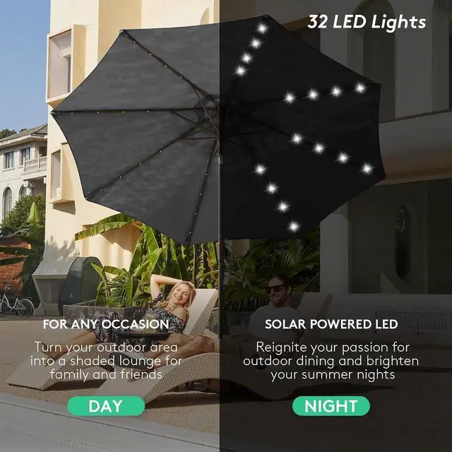 Alt view image 6 of 7 - JEAREY 9' Patio Umbrella with Solar Lights, LED Umbrella, Dark Gray | Outdoor Table Market Umbrellas with 8 Sturdy, Tilt & Crank UV Protection Waterproof for Garden, Deck, Backyard, Pool