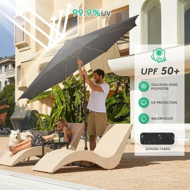Alt view image 4 of 7 - JEAREY 9' Patio Umbrella with Solar Lights, LED Umbrella, Jet Black | Outdoor Table Market Umbrellas with 8 Sturdy, Tilt & Crank UV Protection Waterproof for Garden, Deck, Backyard, Pool