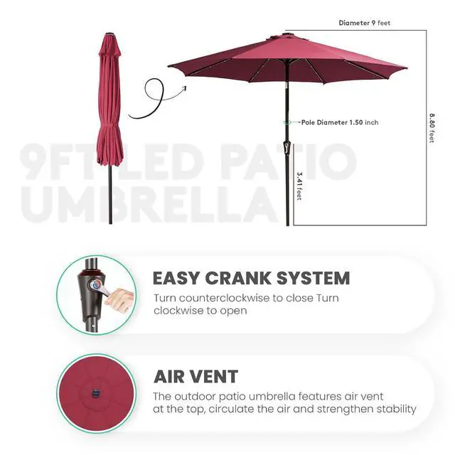 Alt view image 7 of 7 - JEAREY 9FT Outdoor Patio Umbrella with Solar Lights, LED Lighted Pool Umbrella with Tilt and Crank, Outdoor Table Umbrellas for Deck, Yard & Market (Burgandy)
