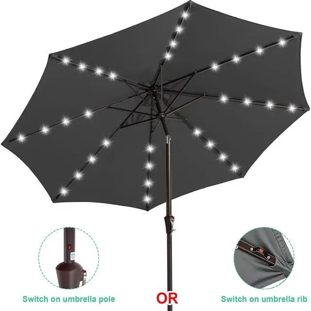 Alt view image 2 of 7 - JEAREY 9FT Outdoor Patio Umbrella with Solar Lights, LED Lighted Pool Umbrella with Tilt and Crank, Outdoor Table Umbrellas for Deck, Yard & Market (Dark Gray)