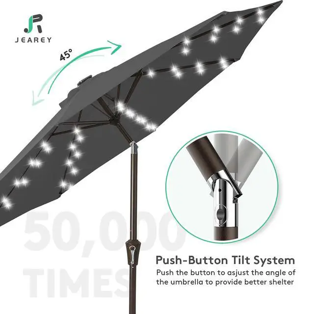 Alt view image 4 of 7 - JEAREY 9FT Outdoor Patio Umbrella with Solar Lights, LED Lighted Pool Umbrella with Tilt and Crank, Outdoor Table Umbrellas for Deck, Yard & Market (Dark Gray)