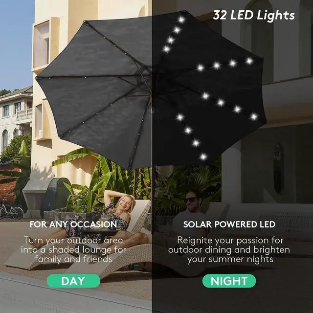 Alt view image 6 of 7 - JEAREY 9FT Outdoor Patio Umbrella with Solar Lights, LED Lighted Pool Umbrella with Tilt and Crank, Outdoor Table Umbrellas for Deck, Yard & Market (Dark Gray)