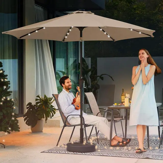 Alt view image 4 of 7 - JEAREY 9FT Outdoor Patio Umbrella with Solar Lights, LED Lighted Pool Umbrella with Tilt and Crank, Outdoor Table Umbrellas for Deck, Yard & Market (Beige)