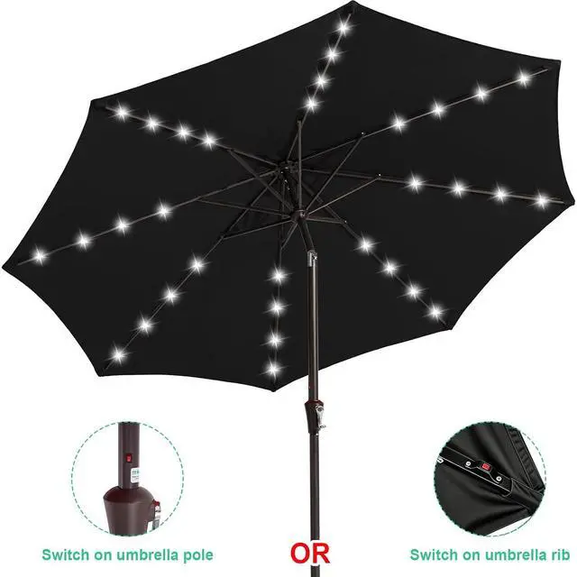 Alt view image 2 of 7 - JEAREY 9FT Outdoor Patio Umbrella with Solar Lights, LED Lighted Pool Umbrella with Tilt and Crank, Outdoor Table Umbrellas for Deck, Yard & Market (Jet Black)