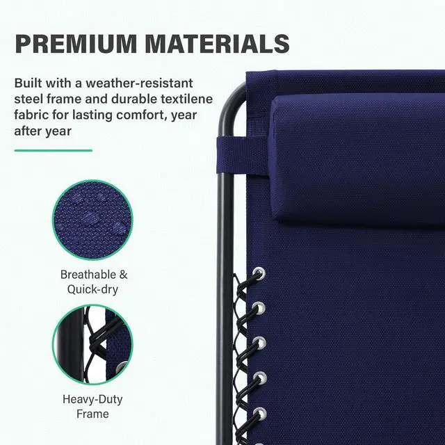 Alt view image 4 of 7 - JEAREY Zero Gravity Chairs Set of 2, Adjustable Patio Recliners, Navy Blue | 400 lbs Capacity, Steel Frame Textilene Fabric, Locking Recline, Pillow & Cup Holder Tray for Patio, Pool, Beach