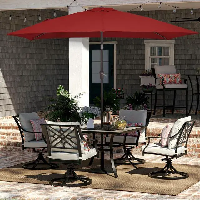 Alt view image 4 of 7 - JEAREY 6.5x10 ft Rectangular Patio Umbrellas Rectangle Outdoor Umbrella with Push Button Tilt and Crank, Market Table Umbrella 6 Sturdy Ribs UV Protection for Poolside Garden Backyard Deck, Red