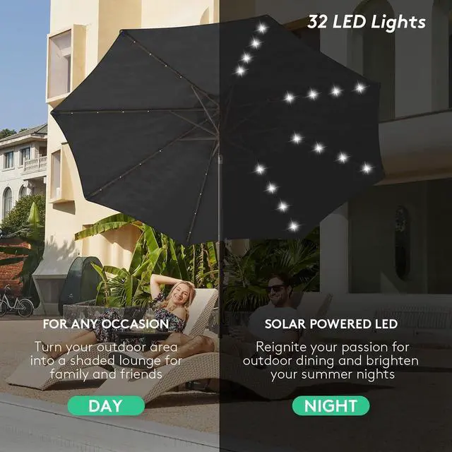 Alt view image 5 of 7 - JEAREY 9FT Outdoor Patio Umbrella with Solar Lights, LED Lighted Pool Umbrella with Tilt and Crank, Outdoor Table Umbrellas for Deck, Yard & Market (Jet Black)