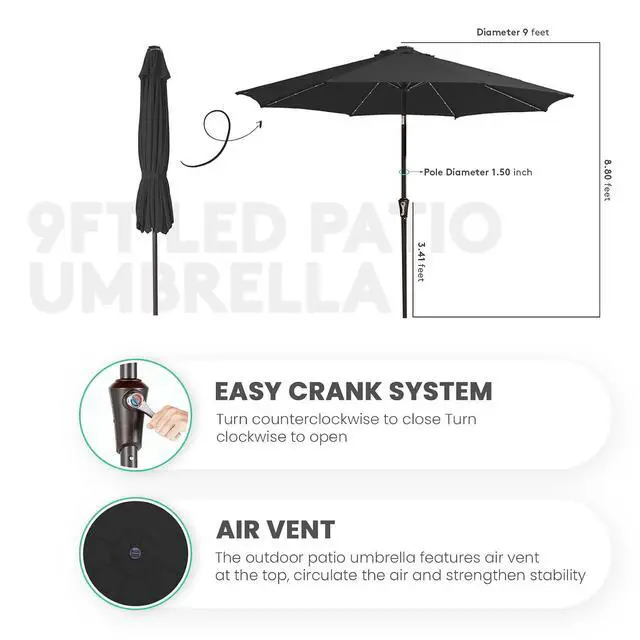 Alt view image 6 of 7 - JEAREY 9FT Outdoor Patio Umbrella with Solar Lights, LED Lighted Pool Umbrella with Tilt and Crank, Outdoor Table Umbrellas for Deck, Yard & Market (Jet Black)