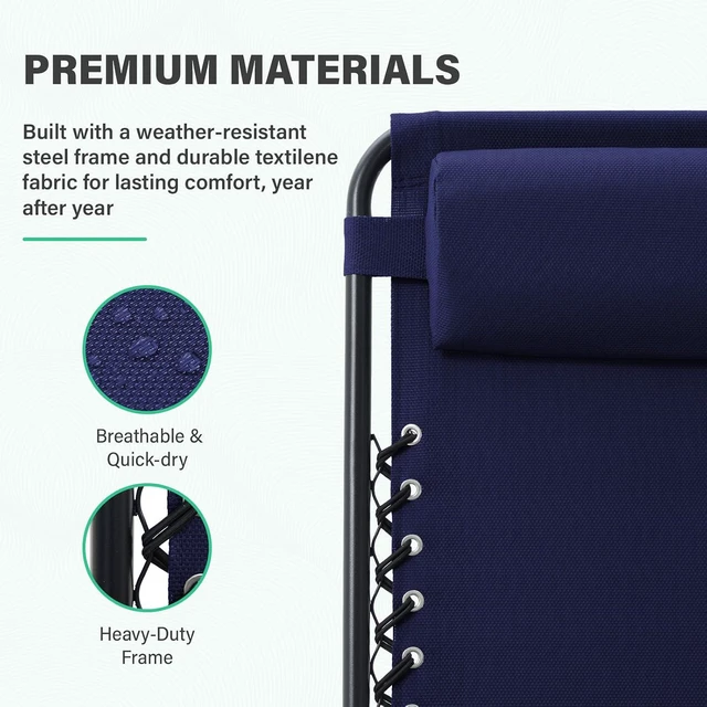 Alt view image 4 of 7 - JEAREY Zero Gravity Lounge Chairs Set of 2, Adjustable Steel Mesh Recliners with Pillows and Cup Holder Trays for Patio, Garden, Beach, Navy Blue