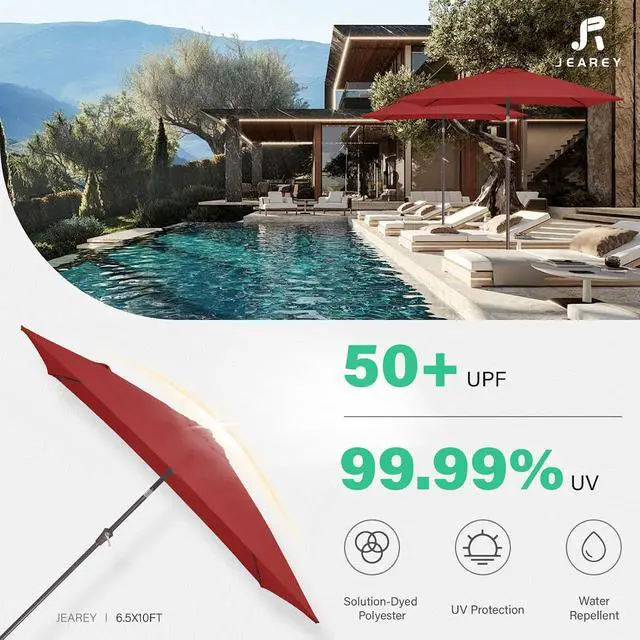 Alt view image 5 of 7 - JEAREY 6.5x10 ft Rectangular Patio Umbrellas Rectangle Outdoor Umbrella with Push Button Tilt and Crank, Market Table Umbrella 6 Sturdy Ribs UV Protection for Poolside Garden Backyard Deck, Red