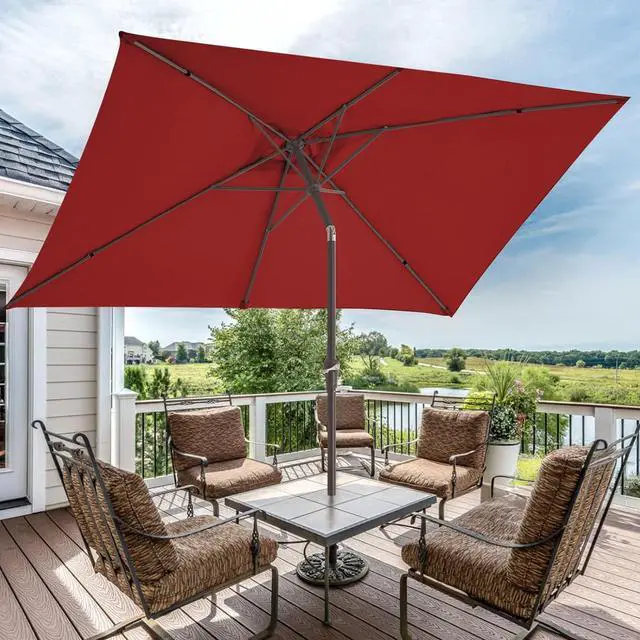 Alt view image 6 of 7 - JEAREY 6.5x10 ft Rectangular Patio Umbrellas Rectangle Outdoor Umbrella with Push Button Tilt and Crank, Market Table Umbrella 6 Sturdy Ribs UV Protection for Poolside Garden Backyard Deck, Red