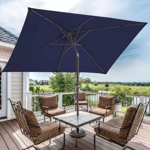 Alt view image 6 of 7 - JEAREY 6.5x10 ft Rectangular Patio Umbrellas Rectangle Outdoor Umbrella with Push Button Tilt and Crank, Market Table Umbrella 6 Sturdy Ribs UV Protection for Poolside Garden Backyard Deck, Navy