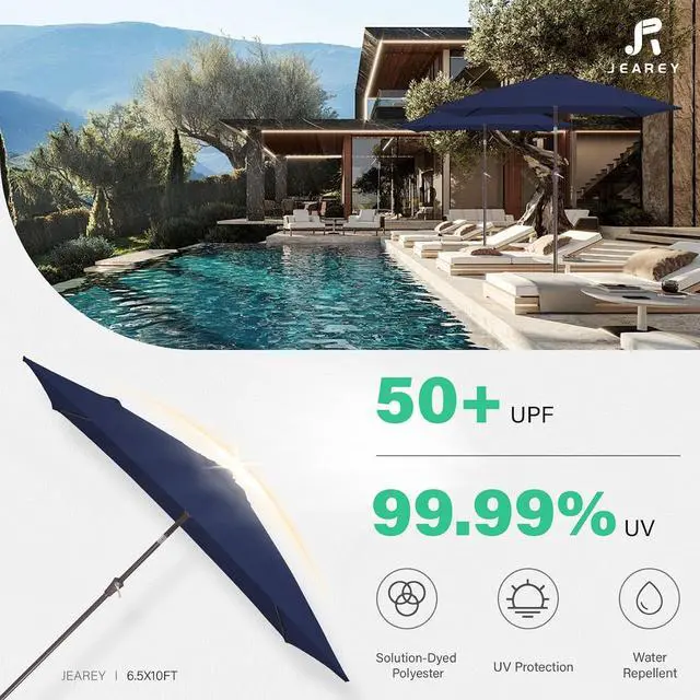 Alt view image 5 of 7 - JEAREY 6.5x10 ft Rectangular Patio Umbrellas Rectangle Outdoor Umbrella with Push Button Tilt and Crank, Market Table Umbrella 6 Sturdy Ribs UV Protection for Poolside Garden Backyard Deck, Navy