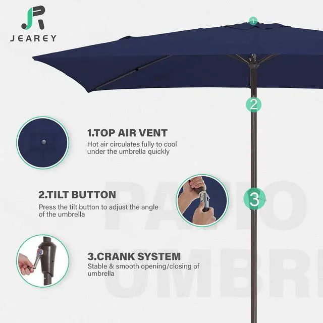 Alt view image 7 of 7 - JEAREY 6.5x10 ft Rectangular Patio Umbrellas Rectangle Outdoor Umbrella with Push Button Tilt and Crank, Market Table Umbrella 6 Sturdy Ribs UV Protection for Poolside Garden Backyard Deck, Navy