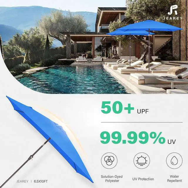 Alt view image 5 of 7 - JEAREY 6.5x10 ft Rectangular Patio Umbrellas Rectangle Outdoor Umbrella with Push Button Tilt and Crank, Market Table Umbrella 6 Sturdy Ribs UV Protection for Poolside Garden Backyard Deck, Royal Blue