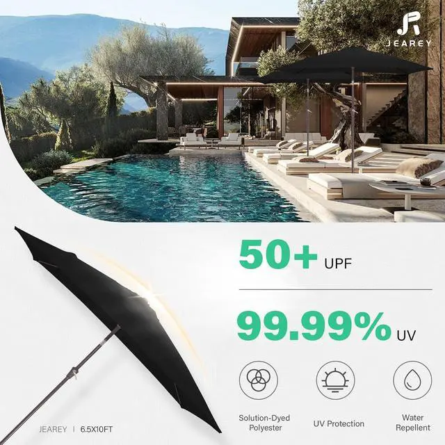 Alt view image 5 of 7 - JEAREY 6.5x10 ft Rectangular Patio Umbrellas Rectangle Outdoor Umbrella with Push Button Tilt and Crank, Market Table Umbrella 6 Sturdy Ribs UV Protection for Poolside Garden Backyard Deck, Black