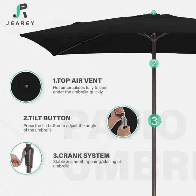 Alt view image 7 of 7 - JEAREY 6.5x10 ft Rectangular Patio Umbrellas Rectangle Outdoor Umbrella with Push Button Tilt and Crank, Market Table Umbrella 6 Sturdy Ribs UV Protection for Poolside Garden Backyard Deck, Black